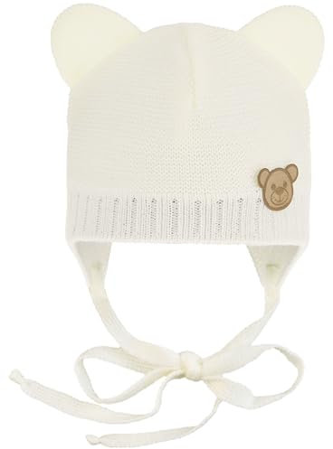 CiuchCiuch Baby-Mütze mit Ohren zum Binden Bär - Wintermütze Mädchen Jungen Baby Kinde- Für Weihnachten - Zur Taufe - 100% Acryl - Futter aus Baumwolle und Elasthan - Cremefarben 38-40 cm