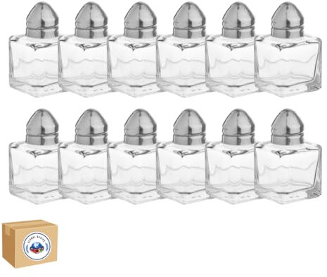 Global Basics Mini-Gewürzstreuer aus Glas, Würfel-Stil, mit Edelstahldeckel, 12 Stück, einzeln im Restaurant-Stil, transparent, Salz- und Pfefferstreuer