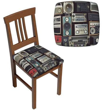 ZLWEI Quadratische Hockerbezüge im Vintage-Stil mit Radio-Boombox-Druck, bequeme Sitzbezüge, dehnbar, abnehmbar, waschbar, Stuhlhussen für Hochzeit, Wohnzimmer, Esszimmer, Büro, Salon, Küche,