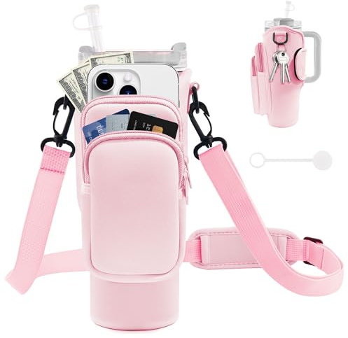 JEBEALUO Water Bottle Carrier Bag with Phone Pocket for Stanley Cup 40/30 oz, Water Bottle Holder with Adjustable Strap& Straw Cover, Stanley Cup Accessories (Pink)