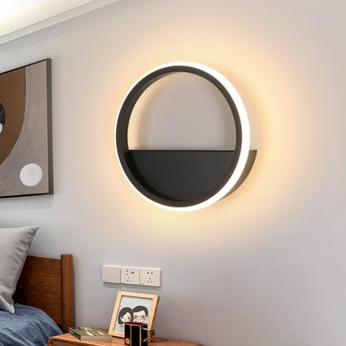 Riserva Wandleuchte Innen LED, 12W Kreative Wandlampe Modern Rund, 3000K Warmweiß, Wandbeleuchtung Schwarz Aluminium für Schlafzimmer, Wohnzimmer, Treppe, Flur, Ø20cm