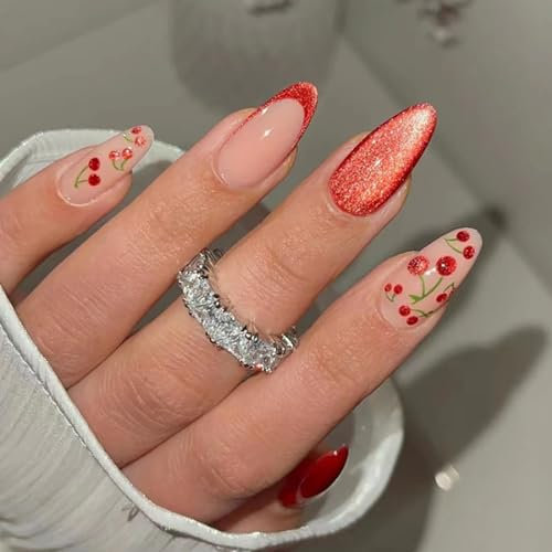 Cat Eye Press on Nails Mandel,Rot Medium Glitzer Falsche Nägel,Glänzende französische Kunstnägel,Vollflächige künstliche Nägel mit Kunstdesign in 12 Größen – 24 Stück Nägel für Frauen und Mädchen