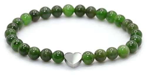 Echtes Nephrit Edelstein Armband mit 6mm Perlen und Edelstahlherz - verschiedene Längen - Heilstein Schutzstein Talisman Glücksbringer Geschenk (Nephrit, 18CM)