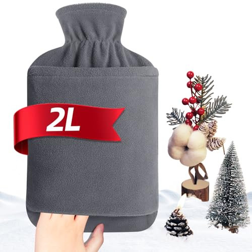 MUPAS Hot Water Bottle with Fleece Cover - 2L Large Leakproof Hot Water Bag (Gray)