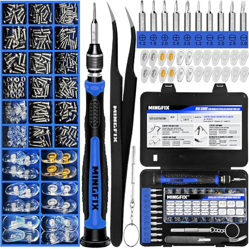 Magnetic Eyeglass Repair Kit, MINGFIX Eye Glasses Repairing Tool Kit with Assorted Screws, Nose Pads, Precision Screwdriver Bits Set & Tweezer with Travel Case for Glasses,Sunglass and Spectacles