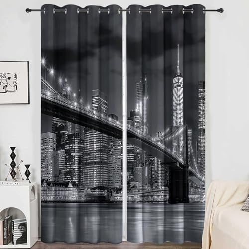 Blickdichte Gardinen Skyline Von New York City Brooklyn Bridge Verdunkelungsvorhang - Lichtundurchlässige Vorhang mit Ösen für Schlafzimmer Geräuschreduzierung Stadtnachtszene 160 x 70 cm, 2er Set