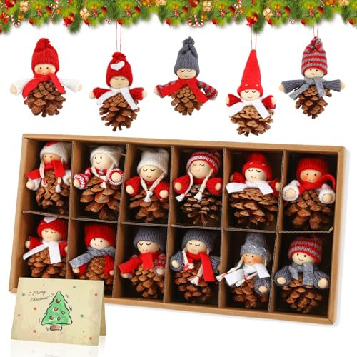 Sweelov Christbaumschmuck Anhänger Tannenzapfen, 12 STK. Weihnachtswichtel Anhänger Wichtel Weihnachtsbaumschmuck Weihnachtsdekoration Bastel Set, Natürliche Baumschmuck Geschenkanhänger, ca.10 cm