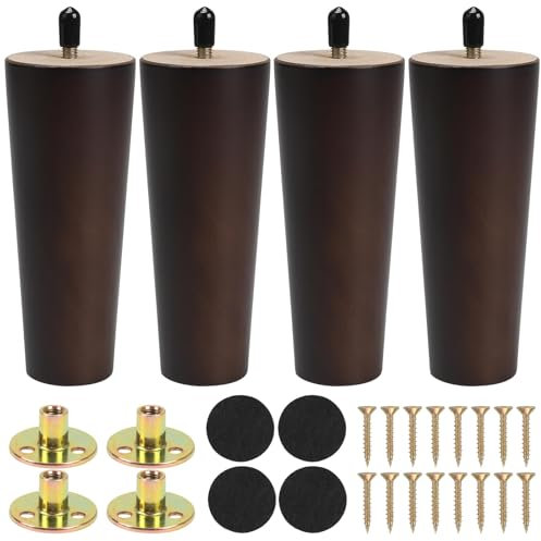 Zythrem Lot de 4 pieds de meubles en bois de noyer massif de 15 cm - Pieds de rechange pour canapé, chaise, table - Avec plaques de montage et vis - Tapis de protection pour armoire, lit, meuble TV