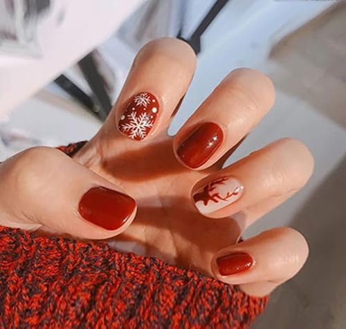 Mgmxbsth 24pcs almonds False Nails, Rainbow Press on Nails,Coloured Stick on Nails,French Tip False Nails, Tip Acrylic Gel Adhesive Nail, Full Cover Fake Nails for Women and Girls(Red Deer)