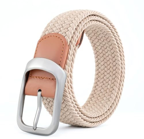 BOZEVON Cinturón para Hombre - Unisex Cinturón Trenzado Elástico Tejido Extensible Cinturón Casual Ajustable Cinturón de Tela Cinturón Golf para Hombres y Mujeres (Beige)