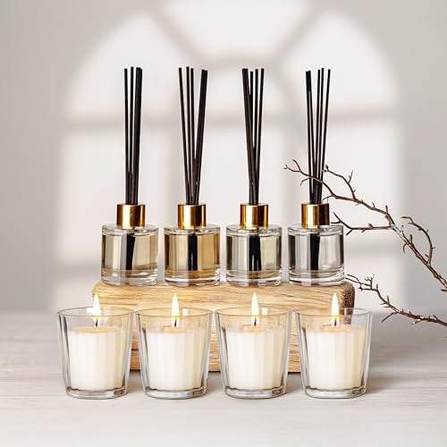 Marco Paul Interiors Candles and Reed Diffuser Gift Set - 9pc Scented Candles & Diffuser - Mandarin, Clove & Cinnamon, Frankincense & Myrrh, Winter Spice, Mistletoe & Fir - Holiday/Christmas Theme