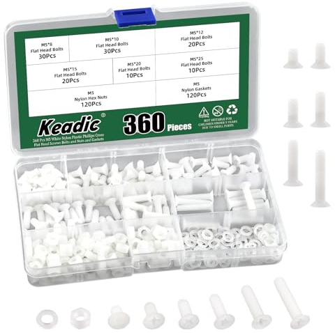 Keadic Lot de 360 vis M5 en nylon blanc à tête plate pour machine à tête plate, kit d'écrous métriques, compte-gouttes, vis à tête ronde, pour machine