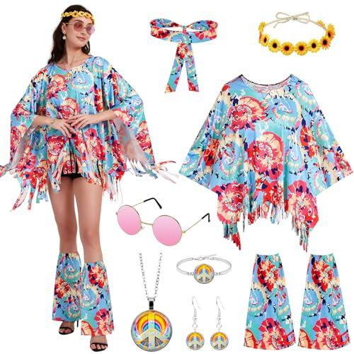 FORMIZON Hippie Kostüm Damen Set, 7 Stück Disco Outfit 60er 70er 80er 90er Jahre Hippie Kleidung mit Hippie Poncho Zubehör, Damen Mädchen Boho Flower Hippie Kostüm für Karneval Disco Party Cosplay