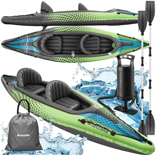 tectake® Canoë Kayak Gonflable 2 Places en PVC Robuste avec 2X Pagaie Double Solide, Filets de Transport & Sac de Transport, Kayak de mer Gonflable Bateau Gonflable Adulte Sport Nautique