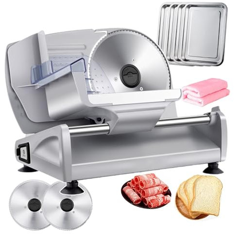 WOTZOV Machine à découper la Viande électrique, trancheuse pour Aliments de charcuterie, Machine à trancher la Viande Commerciale avec 4 Plateaux et 2 Lames, trancheuse à Viande en Acier
