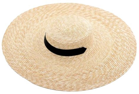 Sombrero de paja grande de 18 cm para mujer con cordones y cinta de ala ancha, sombrero de playa, con cinta negra, Talla única