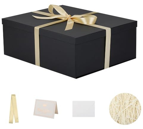 Große Geschenkbox, schwarz, 42 x 32 x 15,5 cm, leere Geschenkbox, Geburtstag, Hochzeit, 1 Stück (enthält Band, Seidenpapier, Umschläge und Karten)