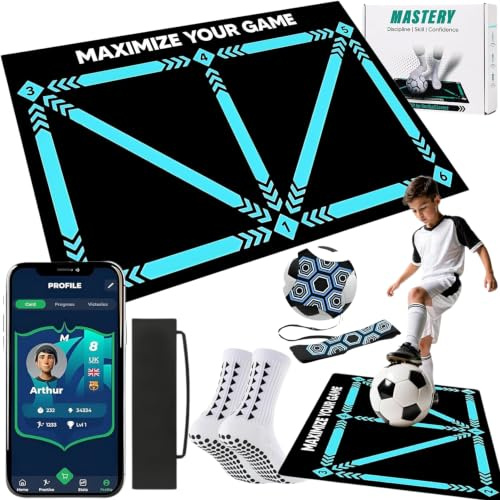 Fußball-Trainingsmatte und Kick-Trainer mit Mastery App, Mastery Skills Fußarbeitsmatte, 90 x 60 cm, Fußball-Geschenke für Jungen, professionelle Dribblingball-Kontrolle und Stressabbau-Spiele für