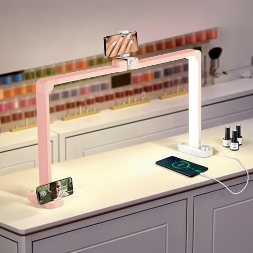 Rebonique Foldable Half Moon Lamp for Nail Desk, Half Moon Light with Phone Holder, Led Nail Tech Desk Lamp, 3000-6000K Esthetician Lash Light for Eyelash Extensions, Tattoo, Facial, Manicure (Pink)