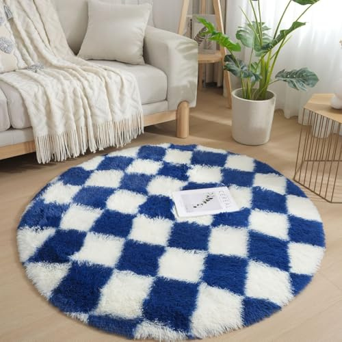 Lifup Teppich Rund Hochflor Teppich, Kariert Extra Weicher Flauschig Waschbar rutschfest für Wohnzimmer Schlafzimmer Blau-Weiß 80 x 80 cm
