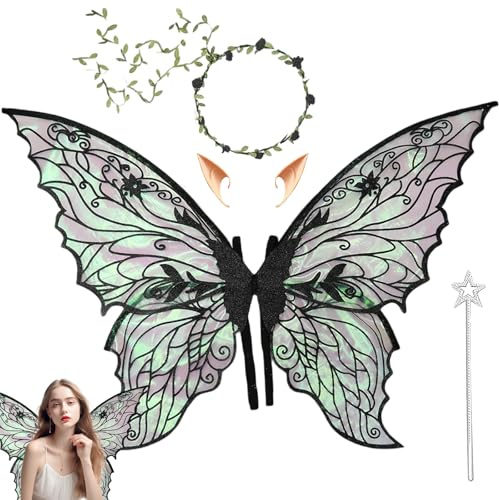 Kezidhp Feenflügel Kostüm Set mit Schmetterlingsflügel, Elfenohren, Blumenkranz & Sterne Zauberstab – Feenflügel Erwachsene & Kinder, Ideal für Halloween, Karneval, Cosplay & Geburtstags-Party