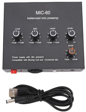 NOENNULL Mic Volume Amplifier, Microphone Preamp 3.5mm 6.5mm XLR Intput Output 60db Gain Condenser and Dynamic Mic Preamplifier for Treble Alto Bass Adjustment with 48V Phantom Power