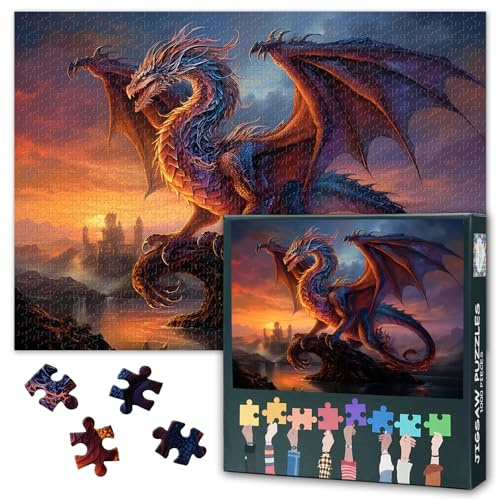 1000 Pieces Fantasy Dragon Jigsaw Puzzles for Adults Home Decor | Family decompression challenging dragon on the lake at sunset puzzles as gift for fantasy fans and dragon lovers 27.5x19.7