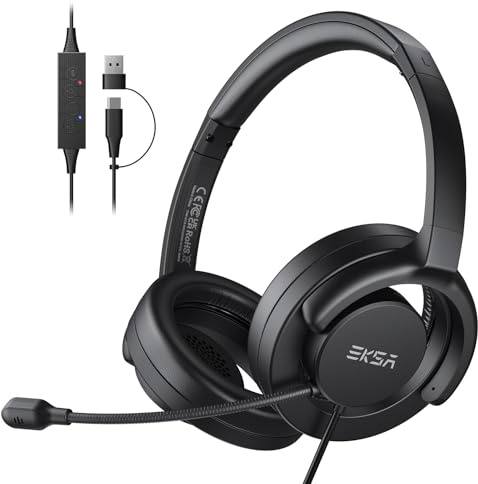 EKSA H27 PC Headset mit Mikrofon, Open-Ear Headset mit Kabel, Headset mit Geräuschunterdrückung, USB-C & USB-A Klinkenstecker Headphone, Over-Ear Headset für Laptop/Büro/Callcenter/Teams