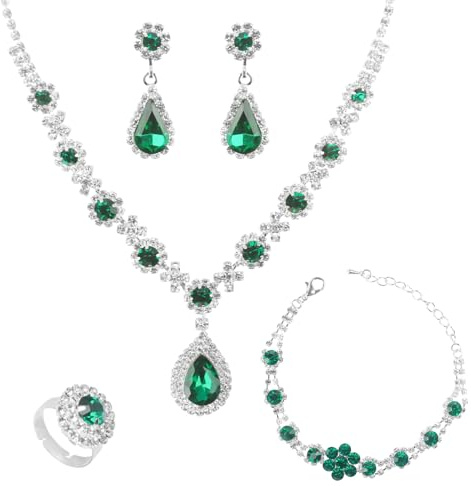LjFrexia Set de Joyería Nupcial para Mujer, Set de Joyería de Estrás de 4 Piezas, Piedra de Cristal Colgante Gota de Agua, Collar Pendientes Pulsera Anillo, para Bodas y Moda Nocturna