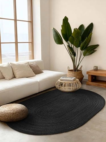 Hanse Home Rangpur Juteteppich - Natur Wohnzimmerteppich Oval aus 100% Jute, Handgewebt, Robust & Pflegeleicht, Modern, Boho Naturfaser Teppich für Wohnzimmer, Schlafzimmer - Schwarz, 160x230cm Oval