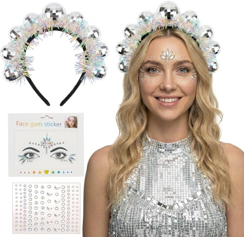3-teiliges Set: Discokugel Haarreif Krone + Face Gems & Glitzersteine – Silber Disco Kostüm Damen – Funkelnder Haarschmuck & Gesichtstattoo für Silvester Party, Fasching & 70er 80er Jahre Outfit