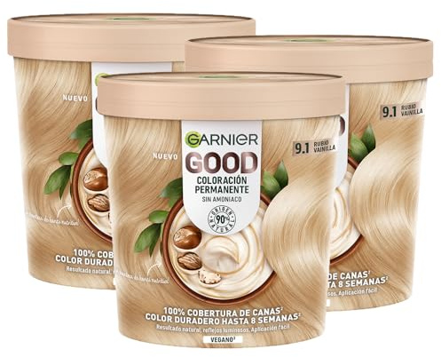 Garnier Good Pack x3 9.1 Rubio Vainilla Sin Amoniaco | Coloración Permanente, 90% Origen Natural, Sin Amoniaco, Enriquecida con Aceite de Oliva, Garnier Good