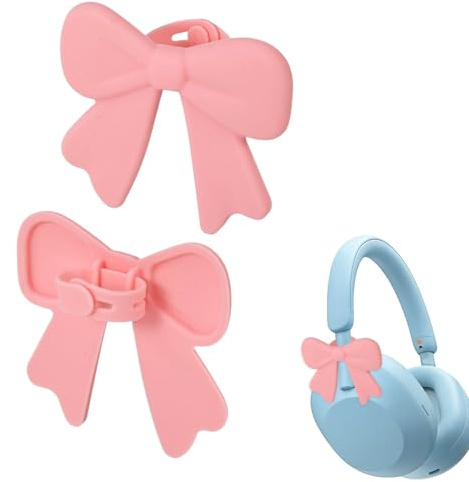 2pcs Pink Bow Headphone Clips Decor, Silicone 3D Coquettish Headphone Attachment Accessories Cute Earphone Decorations Headset Charm for Women Gift