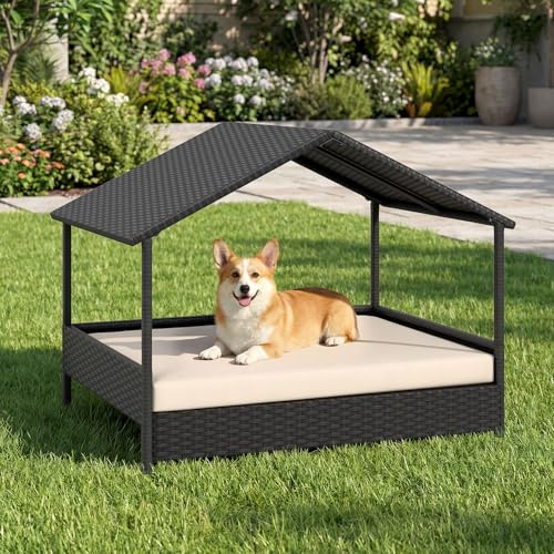 COSTWAY Hundeliege Outdoor, erhöhtes Hundebett aus Rattan mit abnehmbares Kissen & Dachschutz, Haustierbett wetterfest für kleine und mittelgroße Hunde bis 60 kg, 98 x 69 x 74 cm (Beige)