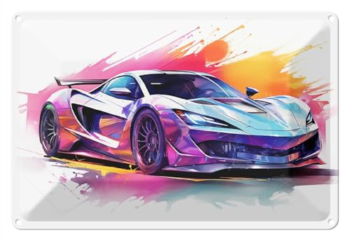 Wallario Blechschild Wandbild aus Metall Auto in Aquarellfarben - 20 x 30 cm in Premium-Qualität: Brillante Farben