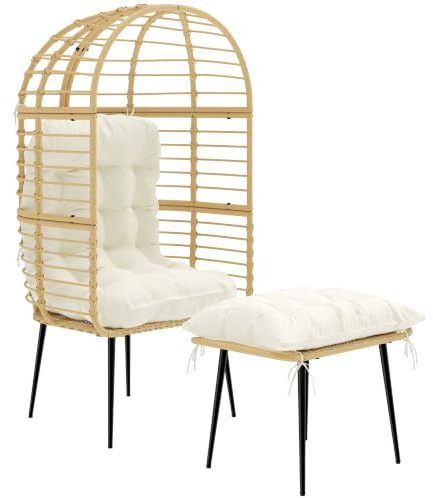 Outsunny Korbsessel Rattan mit Hocker mit Ei-Form Metallrahmen Beige | Gartensessel, Lange & Dicke Kissen, Rattansessel im Boho-Stil, Loungesessel für Wohnzimmer Garten Balkon Terrasse