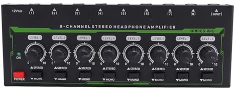 Alomejor Amplificatore per Cuffie Stereo a 8, Amplificatore per Cuffie Professionale da Studio con Jack di Ingresso e Uscita da 6,35 Mm e Luce RGB, per Musicisti DJ Appassionati del (regolamenti
