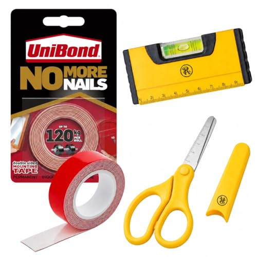 UniBond No More Nails On A Roll Double Sided Tape 19mm x 1.5m with Spirit Level and Precision Tool, Heavy Duty Mounting Tape, Strong Adhesive Strips for Picture Hanging, DIY & Home Décor