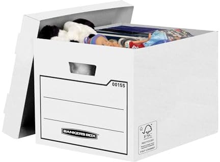 BANKERS BOX 10 Storage Boxes Durable Storage Boxes with Lids - Cardboard Boxes with Handles for Storage & Relocating - W32.5 x H28.5 x D39cm (Pack of 10) - White