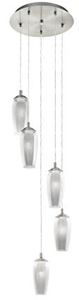 EGLO Pendelleuchte Farsala, 5 flammige Hängelampe, Hängeleuchte aus Metall, Rauchglas, Granille-Kristalle, Esstischlampe in Nickel-Matt, Schwarz-Transparent, Wohnzimmerlampe hängend, G9 Fassung