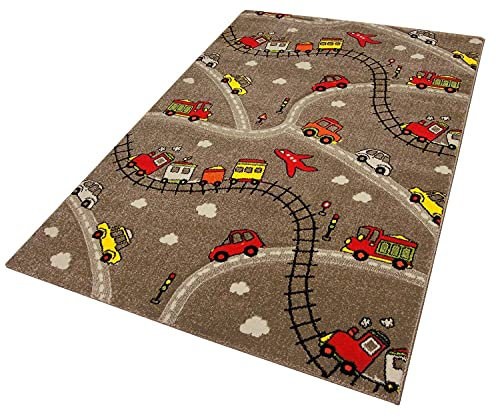 carpet city Kinderteppich Auto Straße Braun - 133x190 cm - Straßenteppich Spielteppich Jungen Kinderzimmerteppich