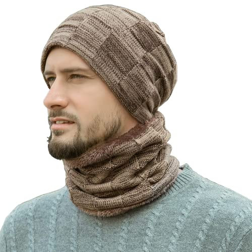 Bequemer Laden Herren Winter Warm Beanie Mütze und Loop Schal Set mit Fleece Gefütterte Thermo Wintermütze Strickmütze Mützen Schlauchschal Schals Geschenk Männer, Einheitsgröße, Khaki