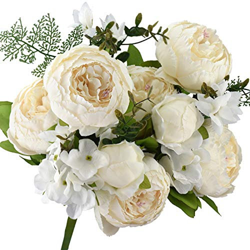 FiveSeasonStuff 1 Bouquet of Peony Silk Artificial Flowers and Hydrangeas/Perfect for Wedding, Bridal, Party, Home, Office Décor (Beige)