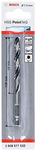 Bosch Professional 1x PointTeQ Sechskantbohrer (für Metall, Ø: 7,5 mm, Arbeitslänge: 69 mm, Gesamtlänge: 109 mm, ¼-Sechskantschaft, Zubehör für Schlagschrauber und Bohrschrauber)