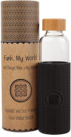 Funk My World Glass Water Bottle - Bamboo Lid Glass Water Bottle With Silicone Sleeve- Eco Friendly Carry Case 500ml Water Bottle / 19 oz - BPA Free, Dishwasher Safe (BLACK)