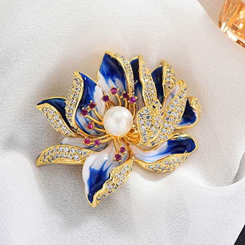 BAJIE Broche Style pétale émaillé Micro Pave Zircon Rose et Bleu Fleur de Lotus Broches Perle Fleur Lotus Broches pour Cadeau de fête des mères