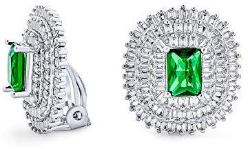 Traditioneller klassischer Art-Deco-Stil formelle Feiertagsparty Braut simulierte Smaragdschliff grüne Zirkonia dreireihige Baguette-Halo AAA CZ Ohrstecker Clip-On-Ohrringe für Frauen Hochzeit nicht