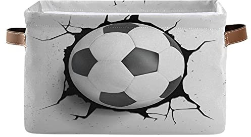 Storage Basket Cube with Handles Sport Soccer Ball Toys Storage Cube Box, Football Print Large Collapsible Rectangular Storage Bin for Shelves Closet Kids Bedroom Nursery Bathroom kitchen