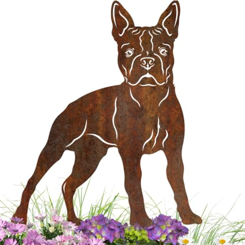 Terma Stahldesign Edelrost Gartenstecker Hund Boston Terrier Metall Figur Handmade Germany wetterfest Gartendeko Rostdeko Tierfigur Rostfigur Geschenk