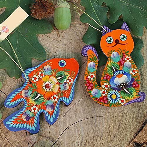 Lustiger Weihnachtsschmuck Holz Tiere 2 St. Set Handbemalter Ukrainischer Christbaumschmuck Figuren Katze und Fisch Pärchen - Originelles Geschenk und Sammlerfreunde